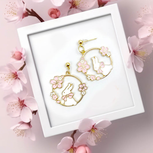 Spring Sakura Earrings for Rabbit Lovers – Japanese-inspired earrings with cherry blossoms and a white bunny design.