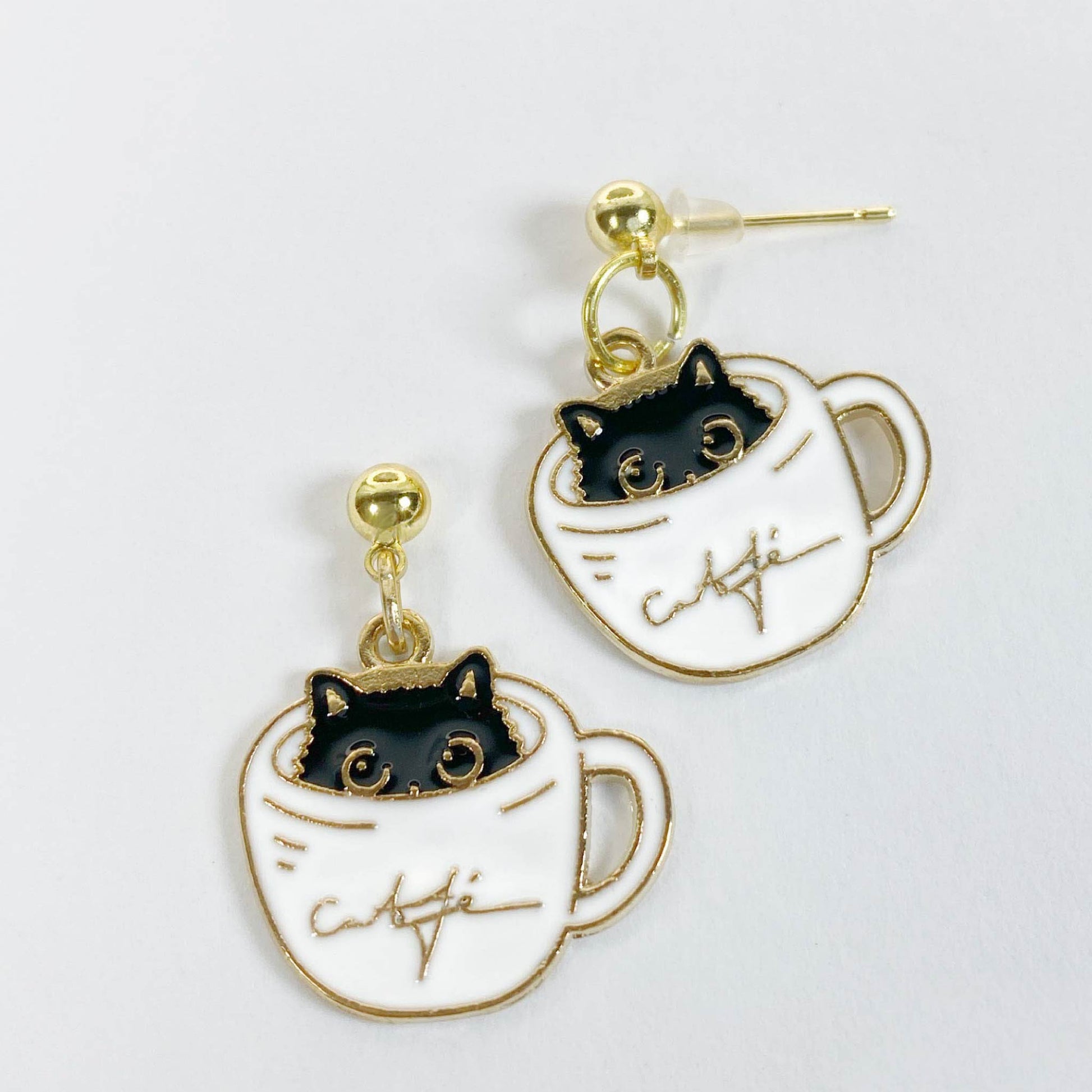 Black Cat Coffee Cup Earrings – 18k gold-plated dangle earrings with black cat in a coffee cup design, perfect for coffee lovers.