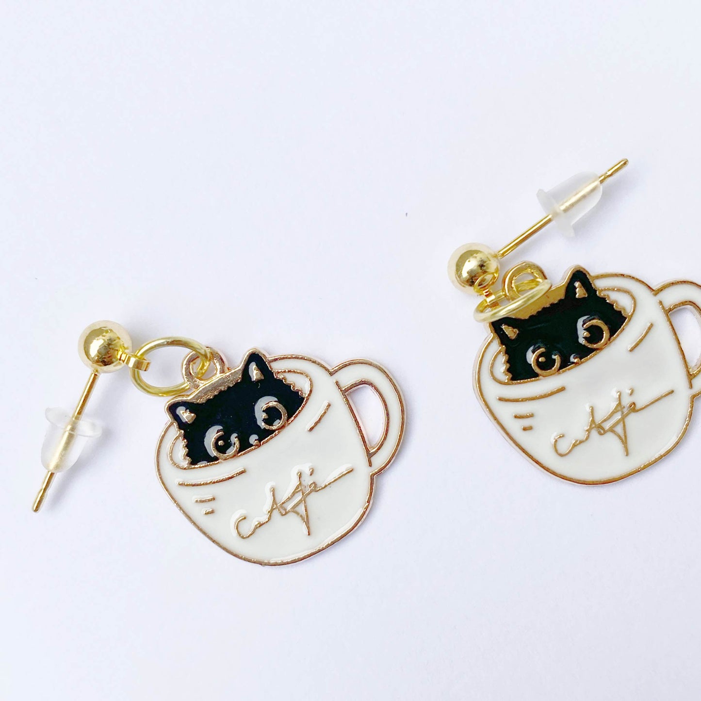 Gold Plated Cat and Coffee Earrings – Whimsical dangle earrings with a black cat inside a coffee cup, great for Starbucks fans.