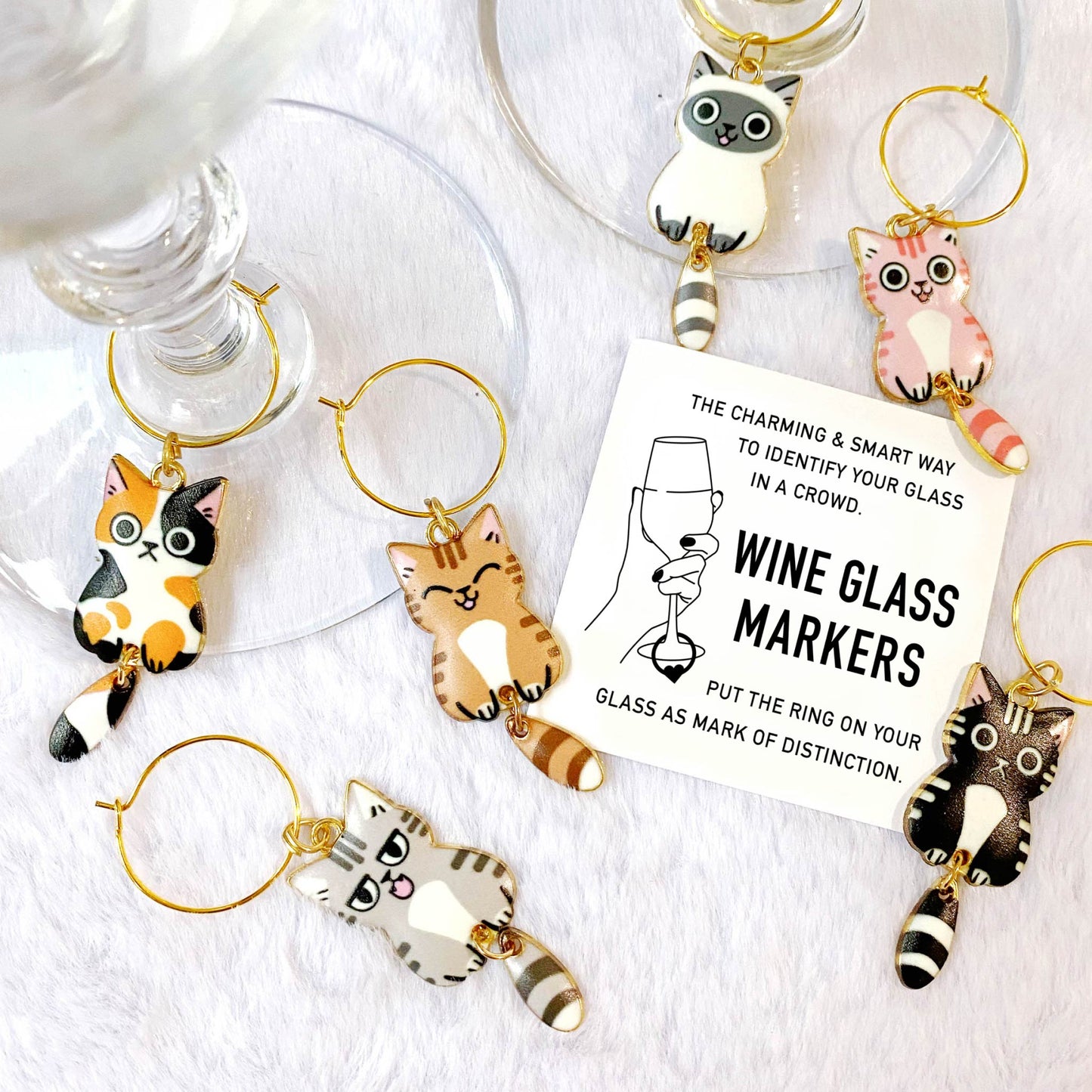 Kawaii Cat Wine Charms Party Gift – Set of colorful cat-themed wine glass markers, ideal for gifting to cat lovers and wine enthusiasts.