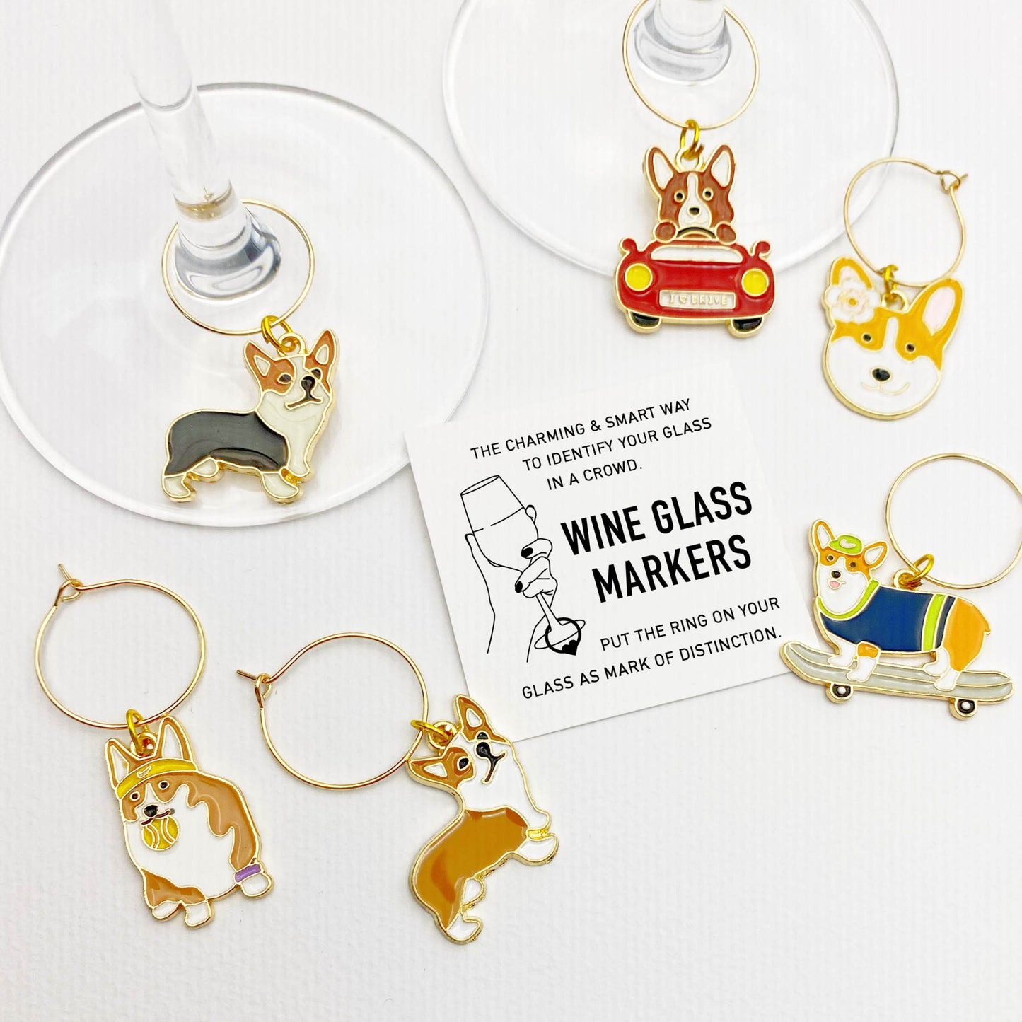 Corgi Wine Charms Set of 6 – Fun drink markers featuring playful corgi designs, perfect for wine lovers and dog enthusiasts.