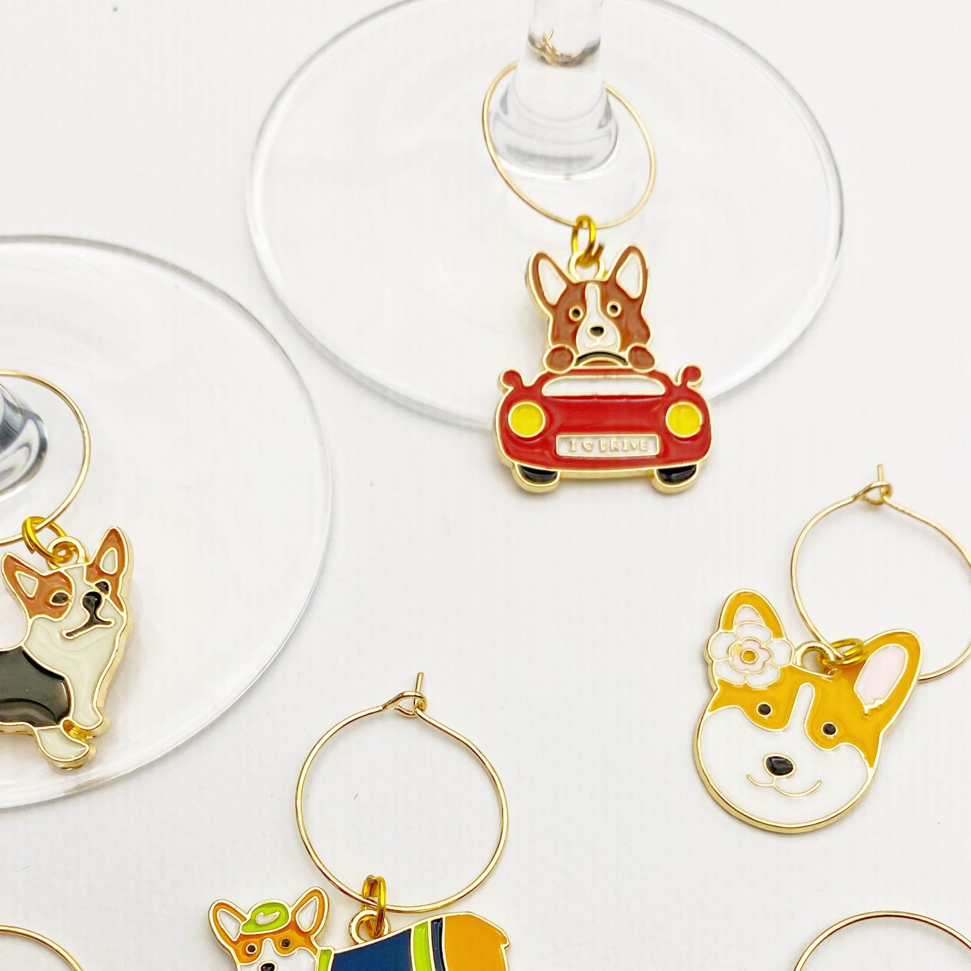 Fun Corgi Wine Charms for Parties – A set of 6 whimsical wine glass markers with cute enamel corgis for memorable events.