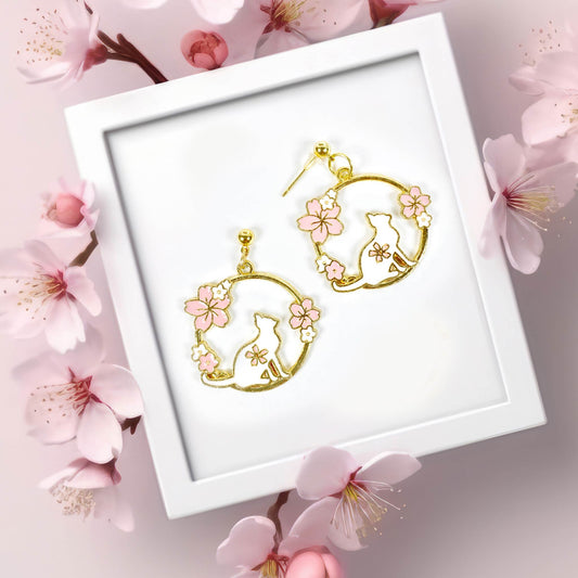 🌸 Sakura Cherry Blossom Cat Earrings – Adorable Kawaii Jewelry for Cat Lovers 🐱